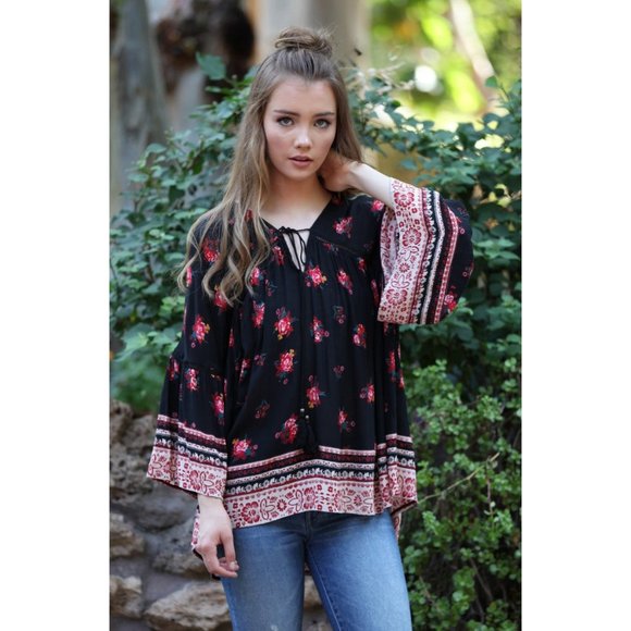 Angie Floral Print Peasant Top - Picture 2 of 2